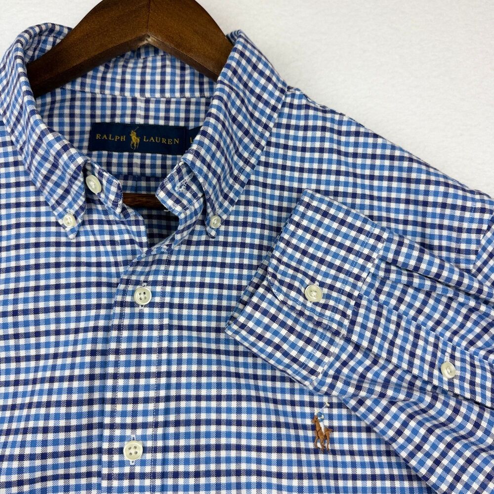Ralph Lauren Men's Blue Gingham Cotton Button Down Shirt L Flesh Pony